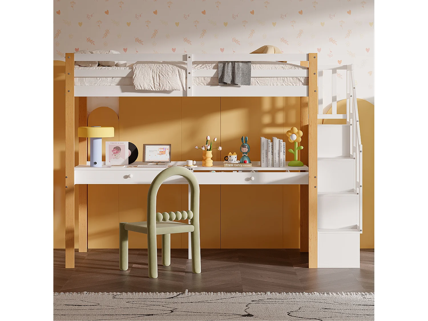 Es Etagenbett 90 x 200, Hochbett mit Schreibtisch, Kinderbett mit Stauraumtreppe, Sicherheitsgeländer, Weiß