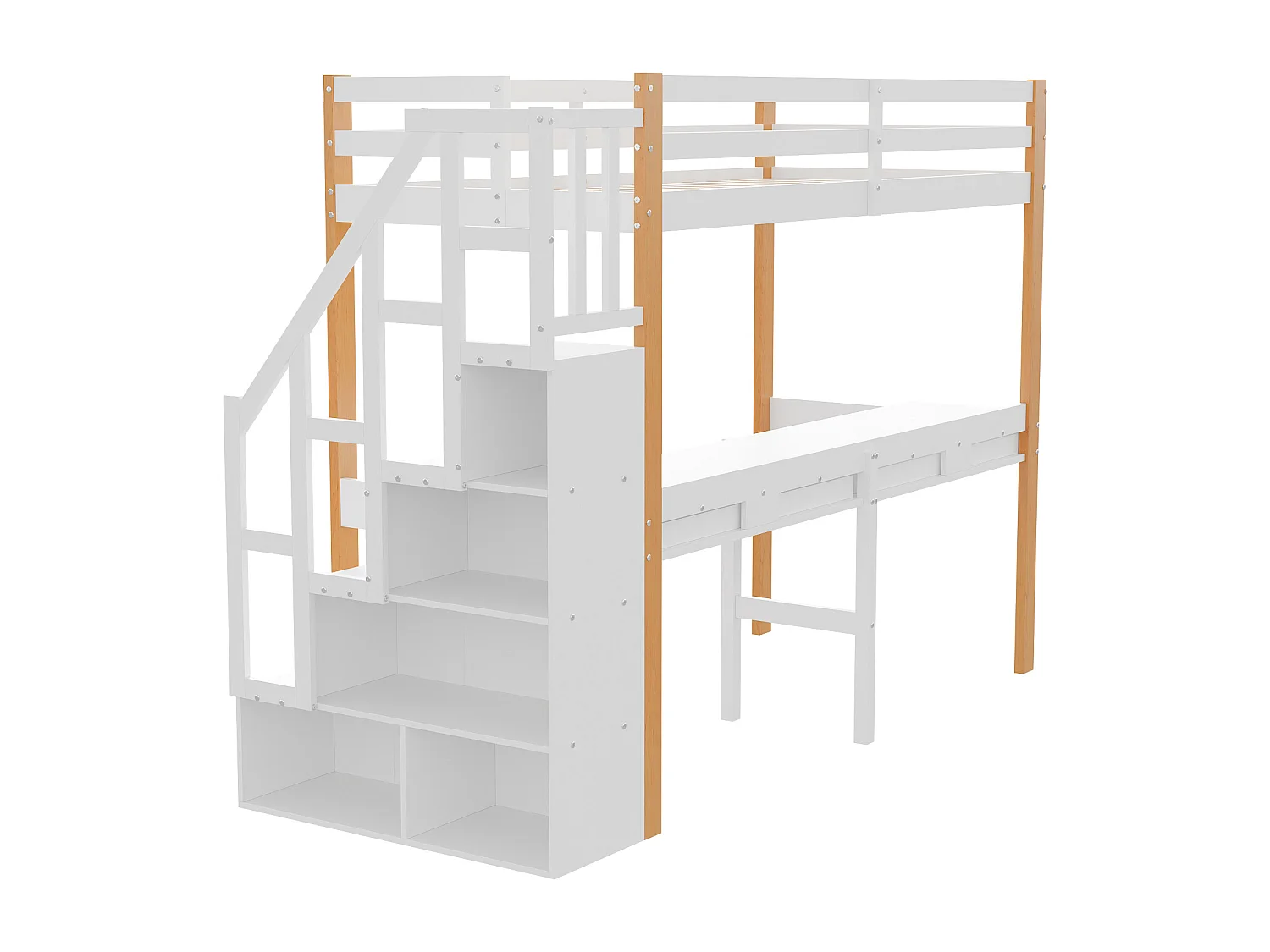 Es Etagenbett 90 x 200, Hochbett mit Schreibtisch, Kinderbett mit Stauraumtreppe, Sicherheitsgeländer, Weiß