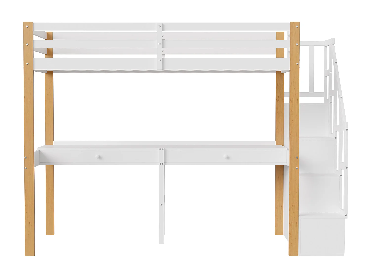 Es Etagenbett 90 x 200, Hochbett mit Schreibtisch, Kinderbett mit Stauraumtreppe, Sicherheitsgeländer, Weiß