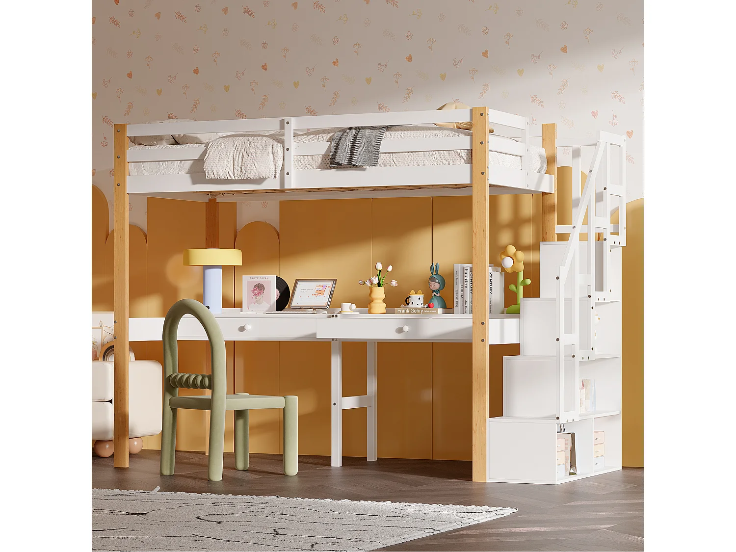 stapelbed 90 x 200, hoogslaper met bureau, kinderbed met opbergtrap, veiligheidsleuning, Wit
