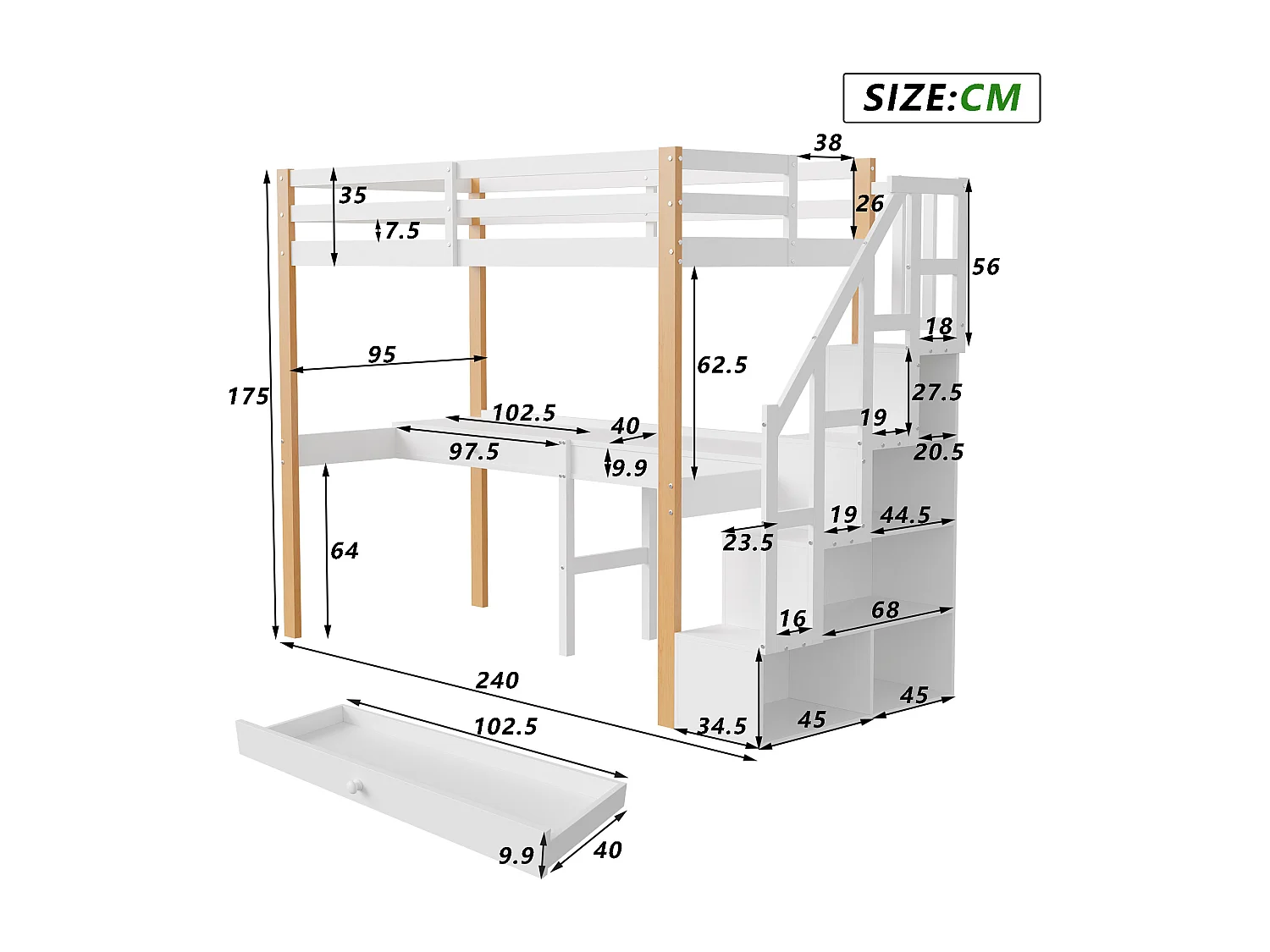 stapelbed 90 x 200, hoogslaper met bureau, kinderbed met opbergtrap, veiligheidsleuning, Wit