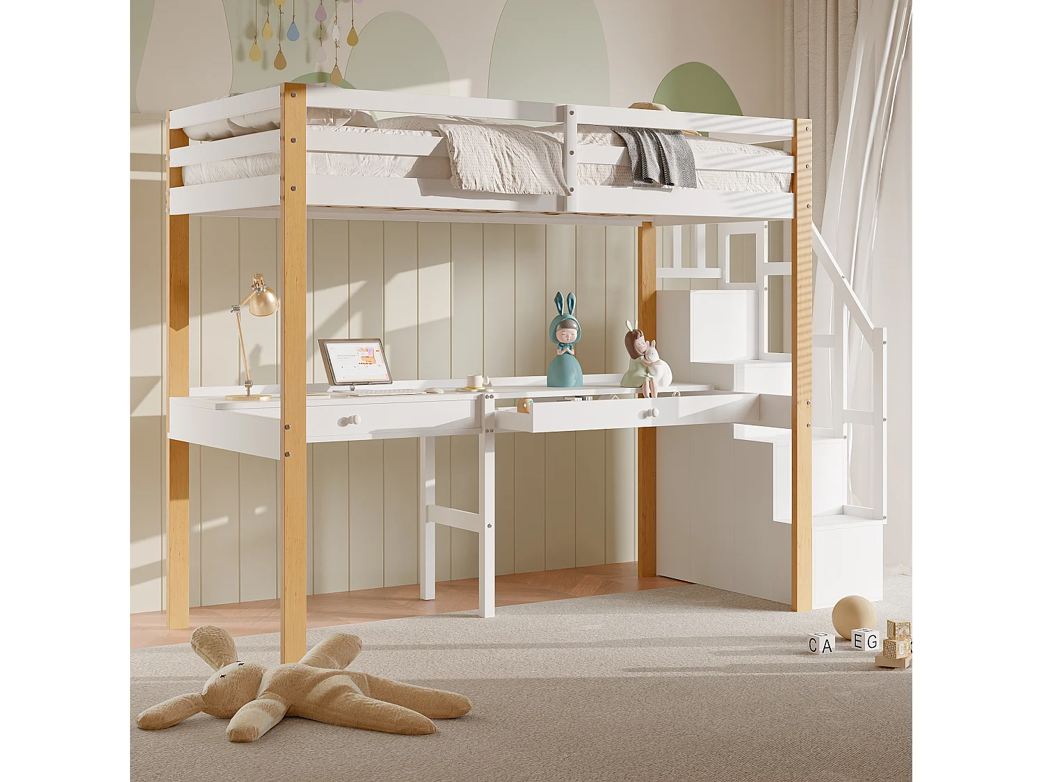 stapelbed 90 x 200, hoogslaper met bureau, kinderbed met opbergtrap, veiligheidsleuning, Wit