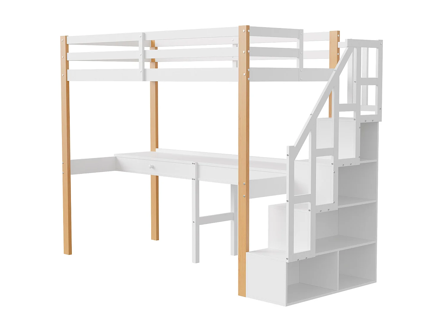 stapelbed 90 x 200, hoogslaper met bureau, kinderbed met opbergtrap, veiligheidsleuning, Wit