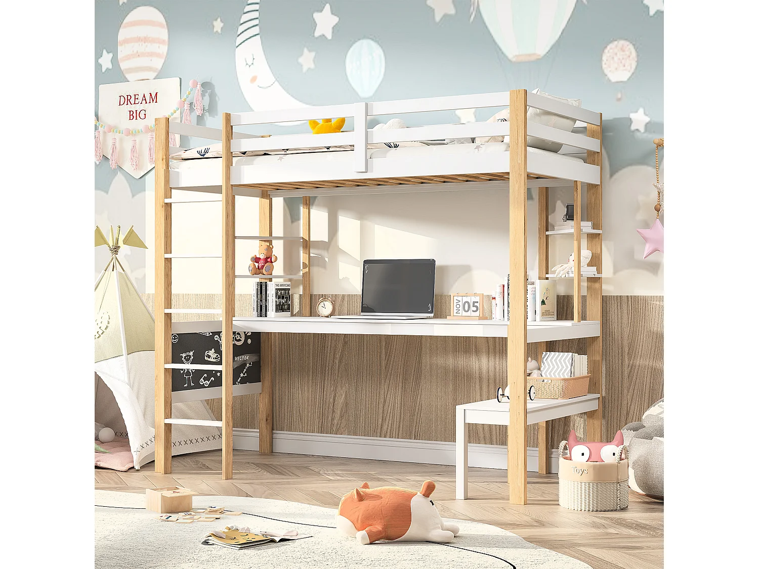 Cama alta 90x200cm - cama de criança com secretária e prateleiras de arrumação, escadas, base de ripas - Madeira+MDF - Branco+Natural