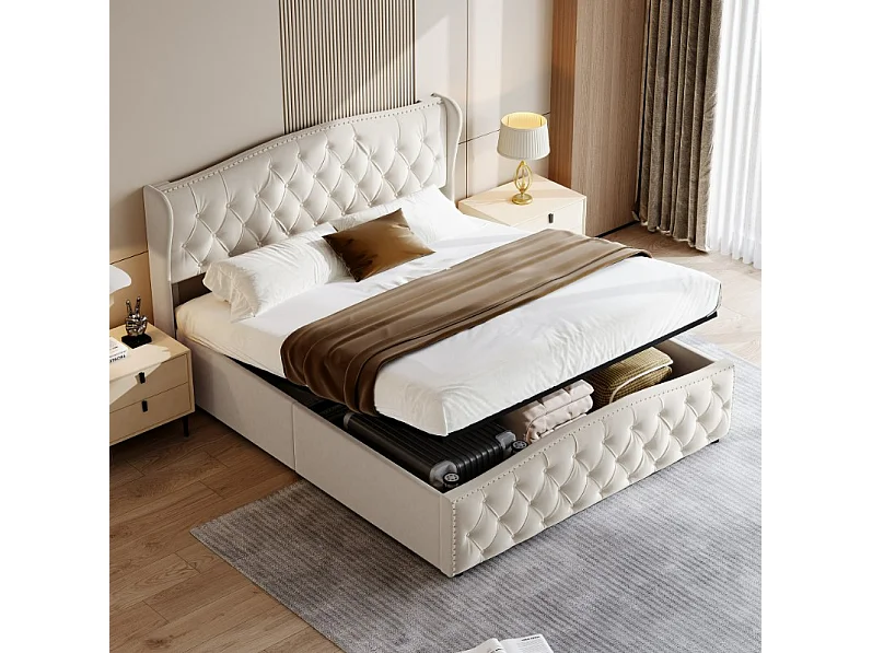 Opbergbed 140x200cm, tweepersoonsbed met lattenbodem en hoofd- en voeteneinde met treknagels, hout & flanel, beige