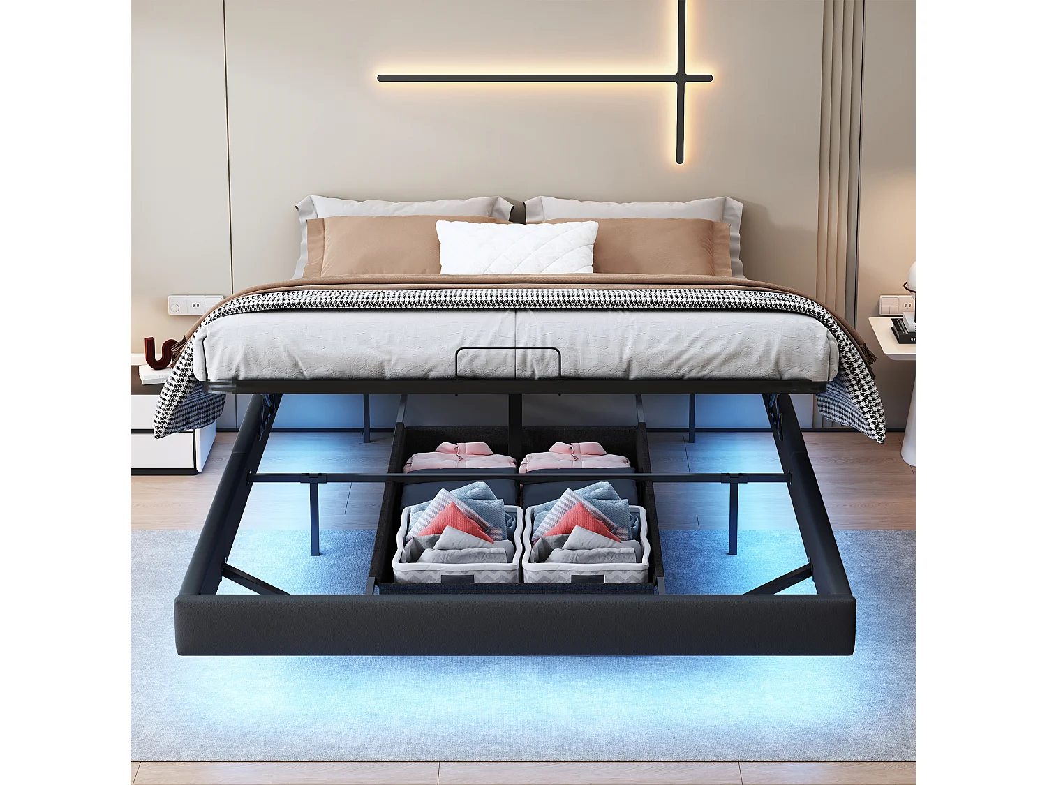 lit coffre double 160 x 200 avec sommier,Bande lumineuse LED sous le lit,Pas de tête de lit,pu,Noir