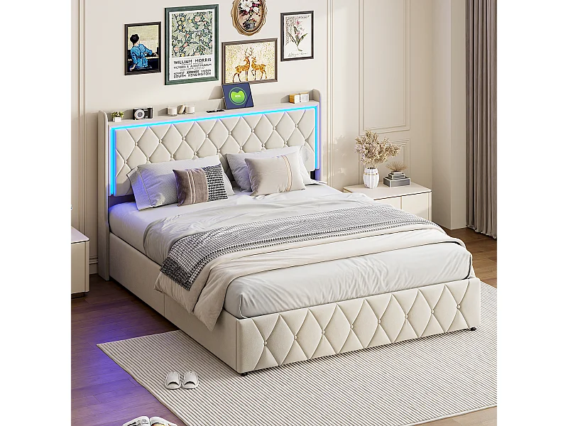 Luchtbed + bedlampje + oplaadfunctie beige fluweel 140*200cm