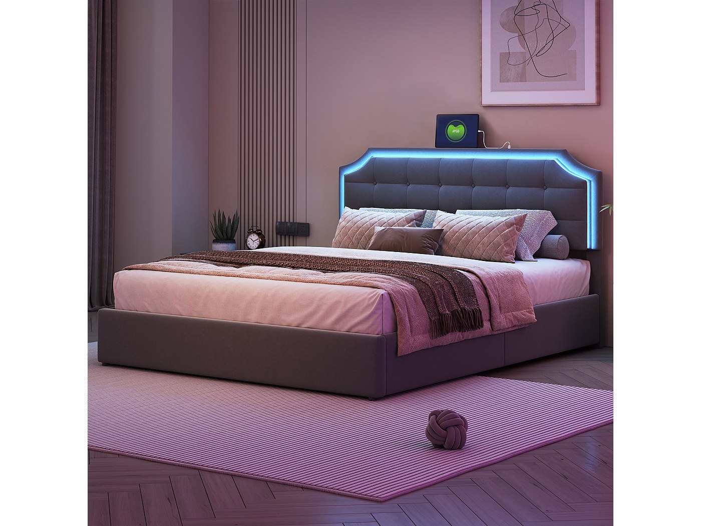 MOTUZP Letto Matrimoniale, 160x200 Cm, Struttura Letto Matrimoniale Con Led E Usb Imbottito Letto Testiera E Sotto Il Letto Con Contenitore Tessuto In Pelle Pu Nero B