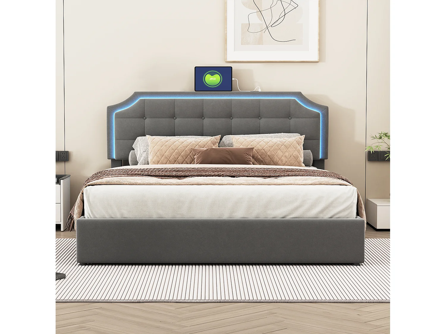 Lit Double 160x200 LED, Lit Coffre avec USB Lit Adulte Lit Rembourré en velours Lit de rangement Lit Capitonné, Gris