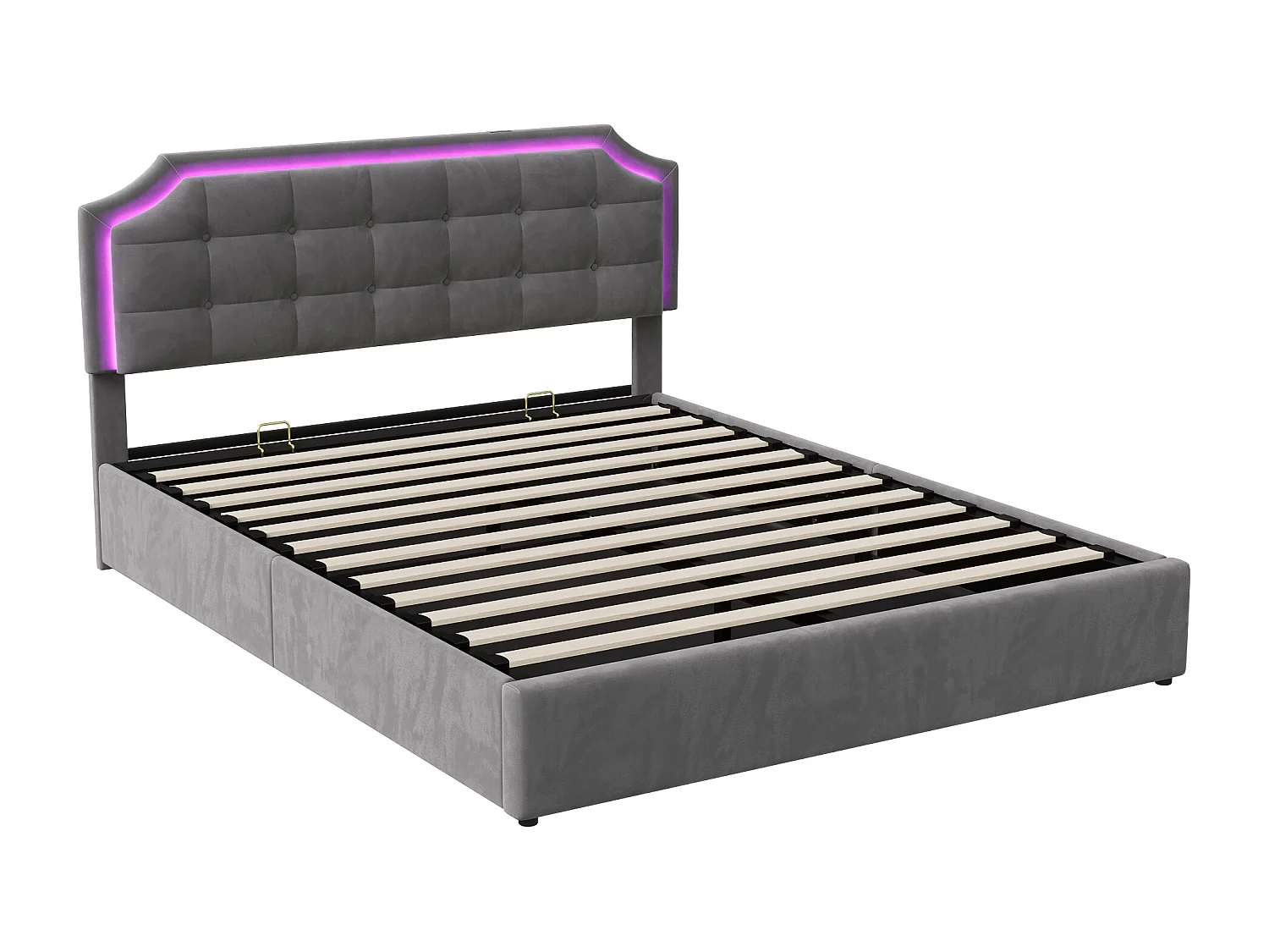 Lit Double 160x200 LED, Lit Coffre avec USB Lit Adulte Lit Rembourré en velours Lit de rangement Lit Capitonné, Gris