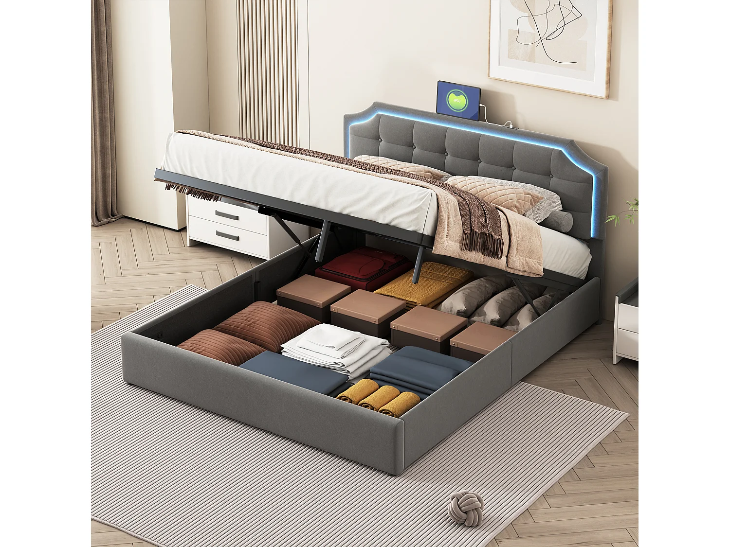 Lit Double 160x200 LED, Lit Coffre avec USB Lit Adulte Lit Rembourré en velours Lit de rangement Lit Capitonné, Gris