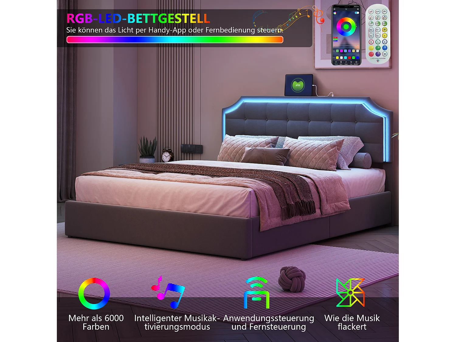 Lit Double 160x200 LED, Lit Coffre avec USB Lit Adulte Lit Rembourré en velours Lit de rangement Lit Capitonné, Gris