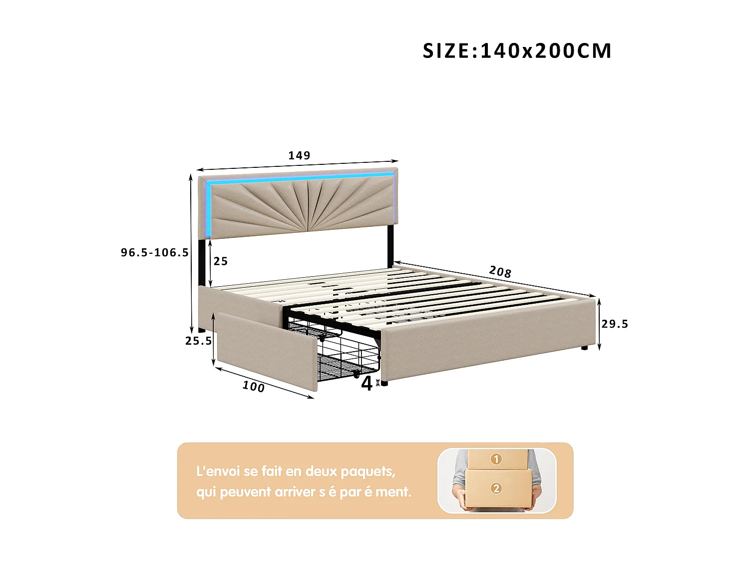 Lit coffre, beige, double, en lin, avec 4 tiroirs, table de chevet avec lampe, 140*200 cm