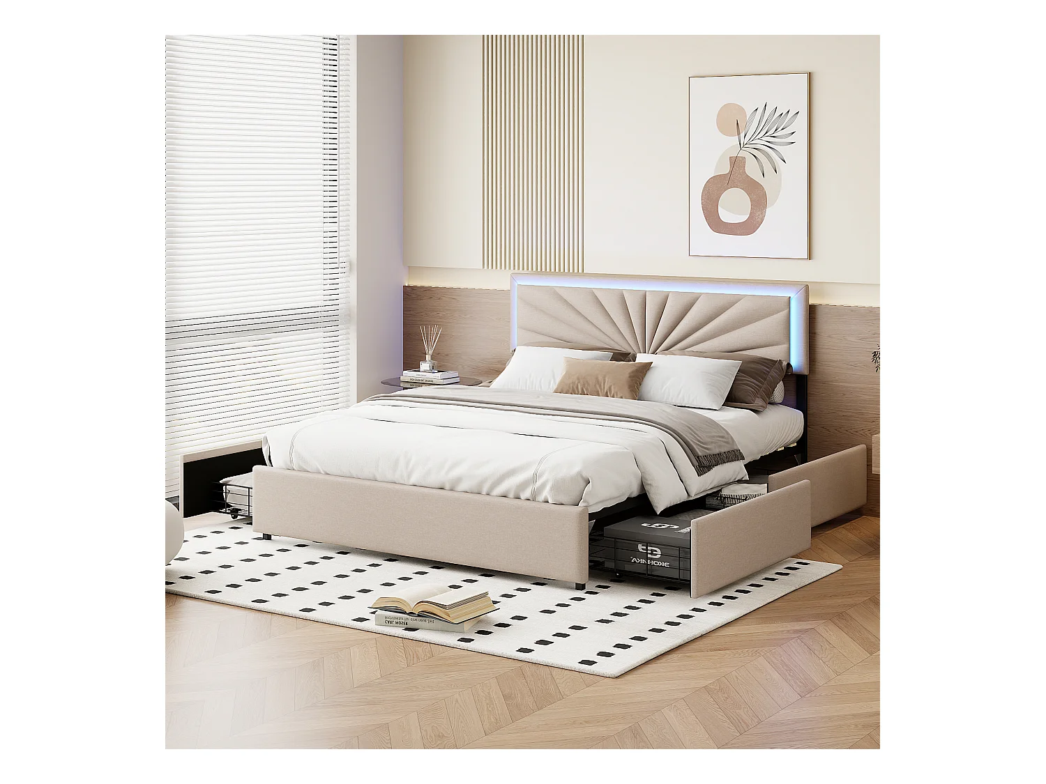 Lit coffre, beige, double, en lin, avec 4 tiroirs, table de chevet avec lampe, 140*200 cm
