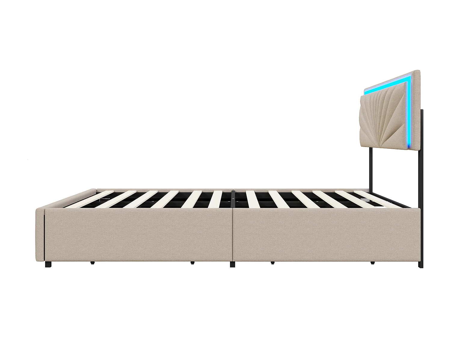 Opbergbed, beige, tweepersoonsbed, linnen, met 4 lades, nachtkastje met lamp, 140*200 cm