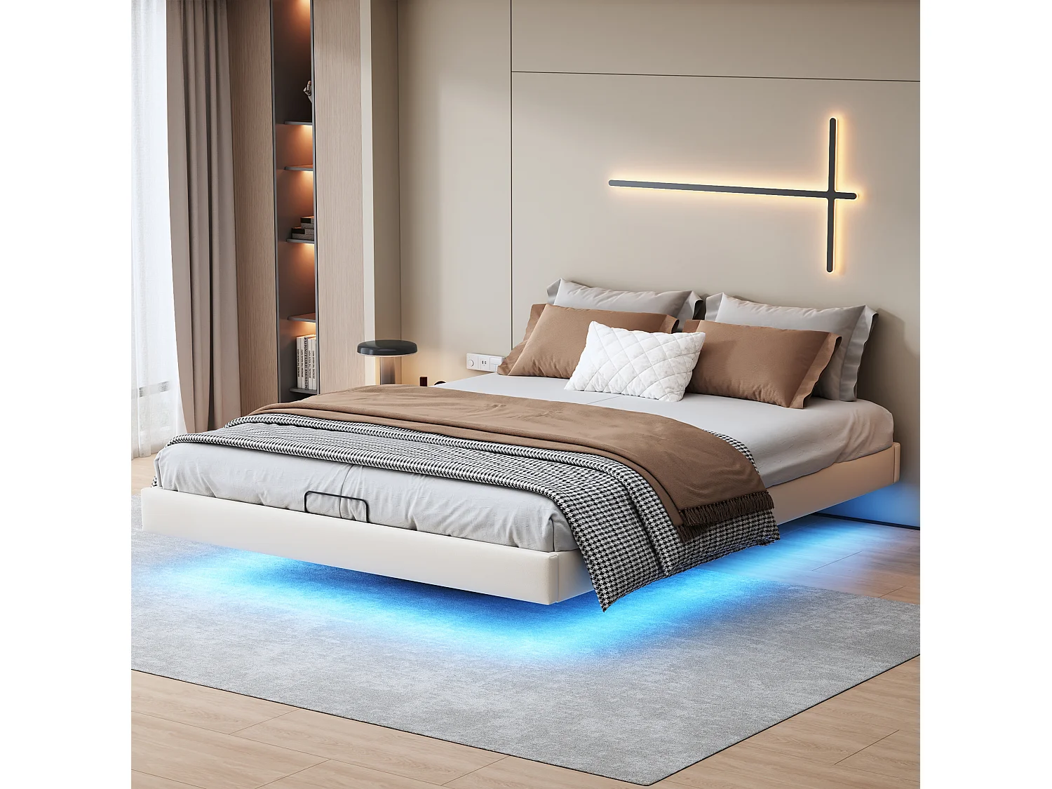 Caixa iluminada dupla 160 x 200 com sommier,Banda luminosa LED sous le lit,Pas de tête de lit,pu,bege