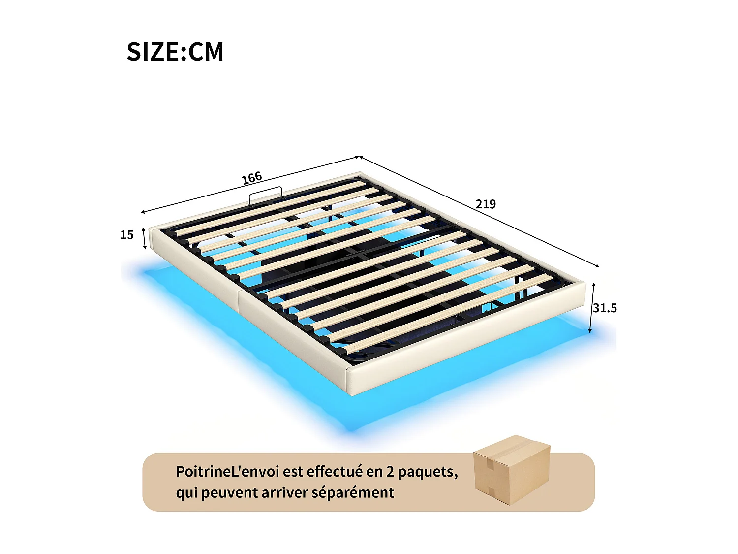 Caixa iluminada dupla 160 x 200 com sommier,Banda luminosa LED sous le lit,Pas de tête de lit,pu,bege