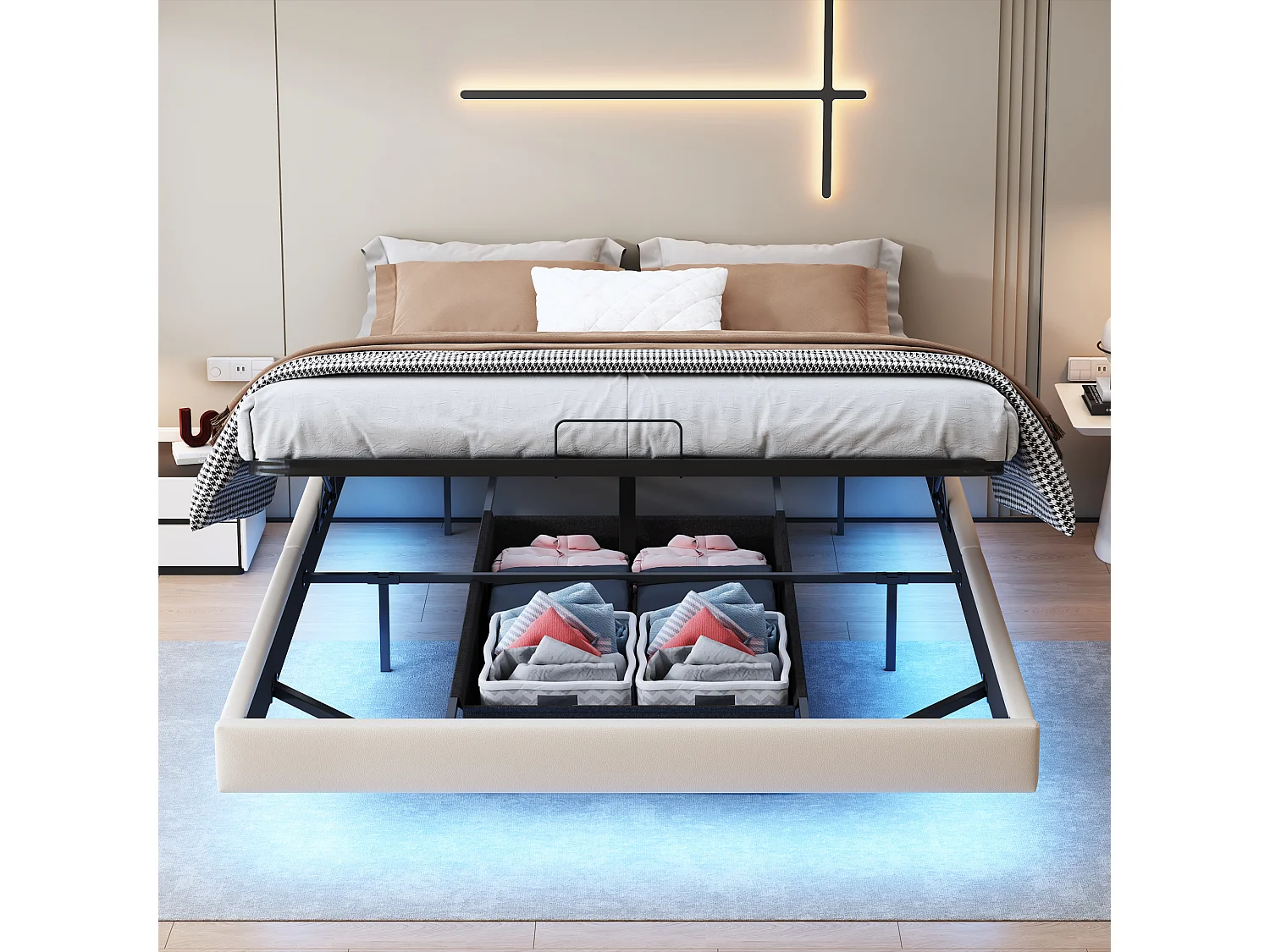 Caixa iluminada dupla 160 x 200 com sommier,Banda luminosa LED sous le lit,Pas de tête de lit,pu,bege