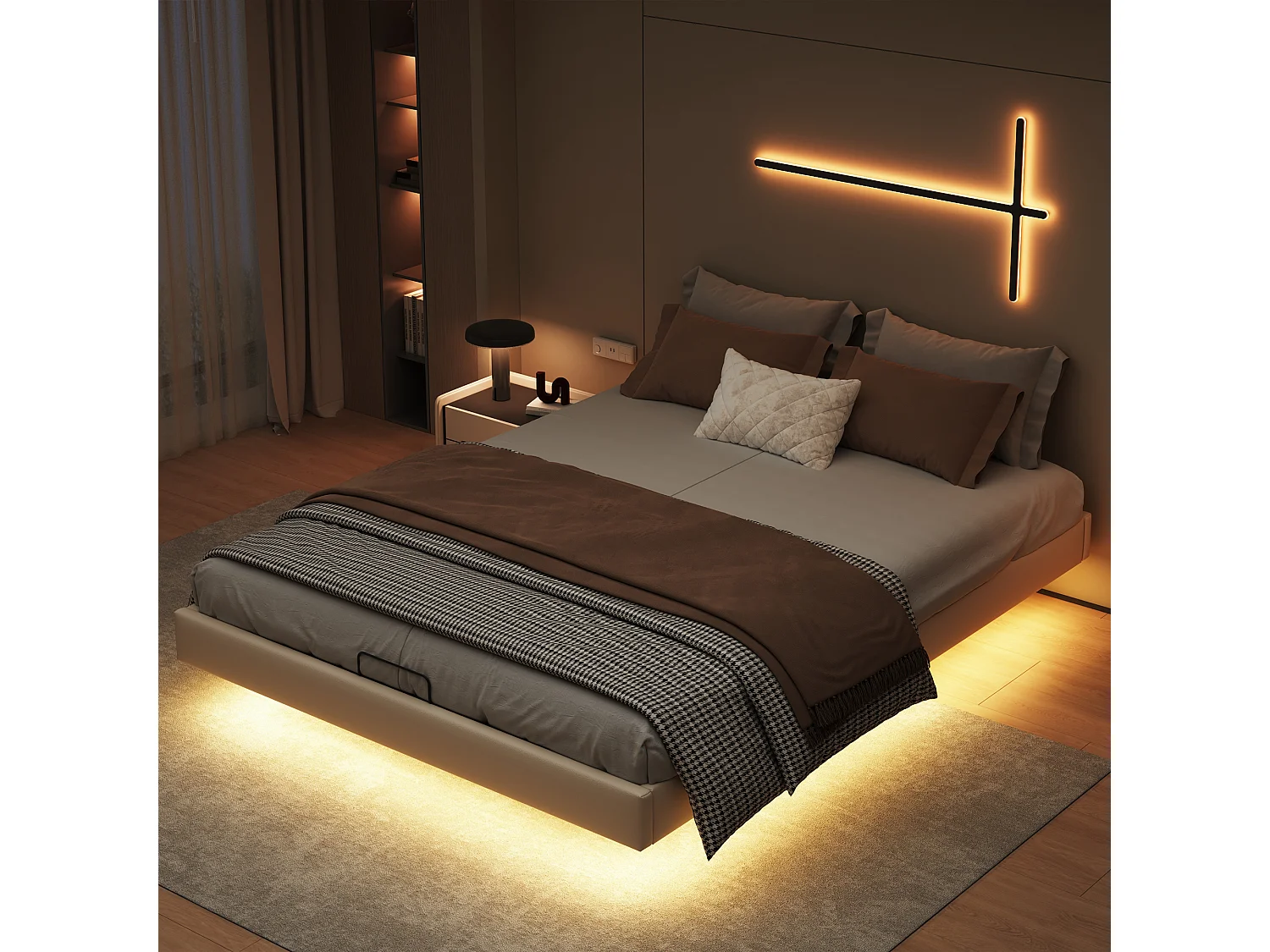 Caixa iluminada dupla 160 x 200 com sommier,Banda luminosa LED sous le lit,Pas de tête de lit,pu,bege