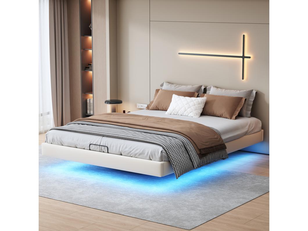tweepersoonsbed 160 x 200 met onderstel, LED-lichtstrip onder het bed, Zonder hoofdbord, pu, beige