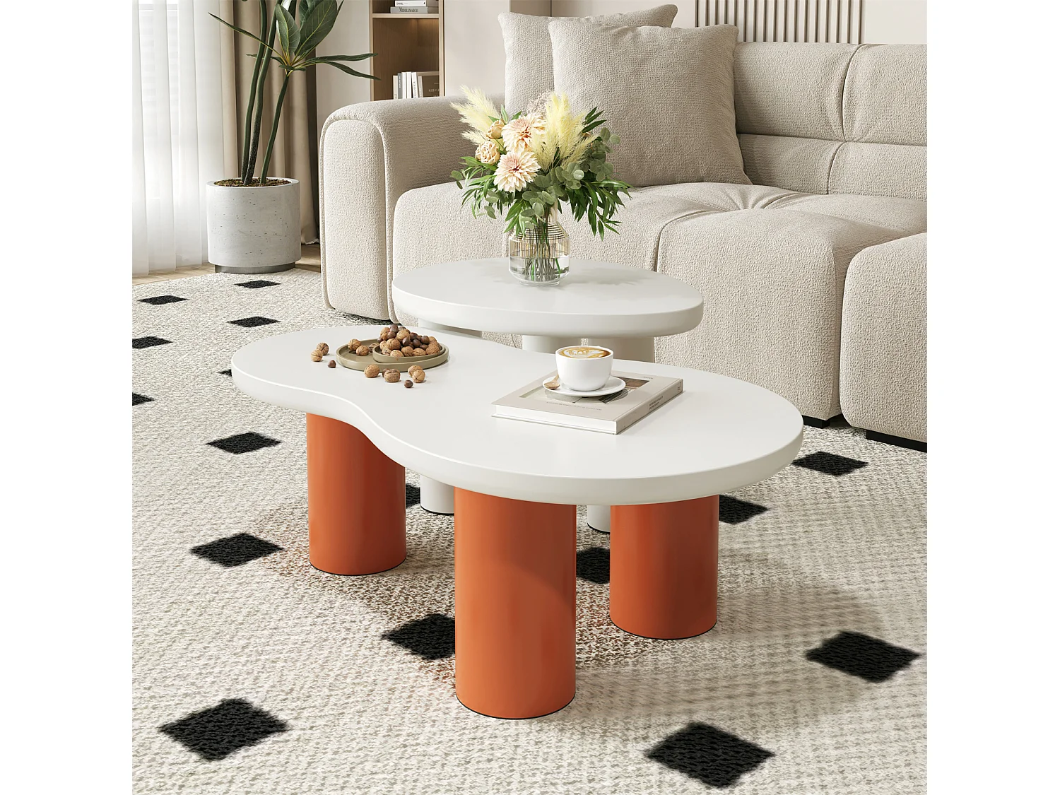 Mesa de centro en forma de nube, 99,5x4358x35,5 cm, panel de MDF pintado y patas de PVC, naranja y blanco