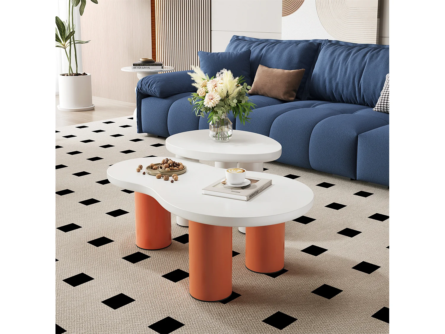 Mesa de centro en forma de nube, 99,5x4358x35,5 cm, panel de MDF pintado y patas de PVC, naranja y blanco