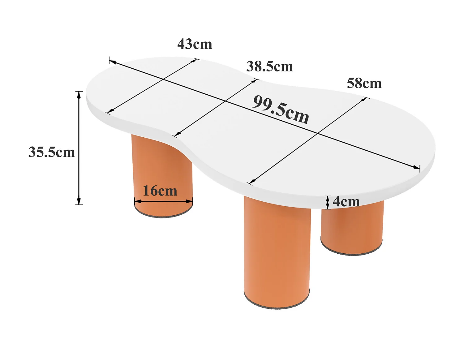 Mesa de centro en forma de nube, 99,5x4358x35,5 cm, panel de MDF pintado y patas de PVC, naranja y blanco
