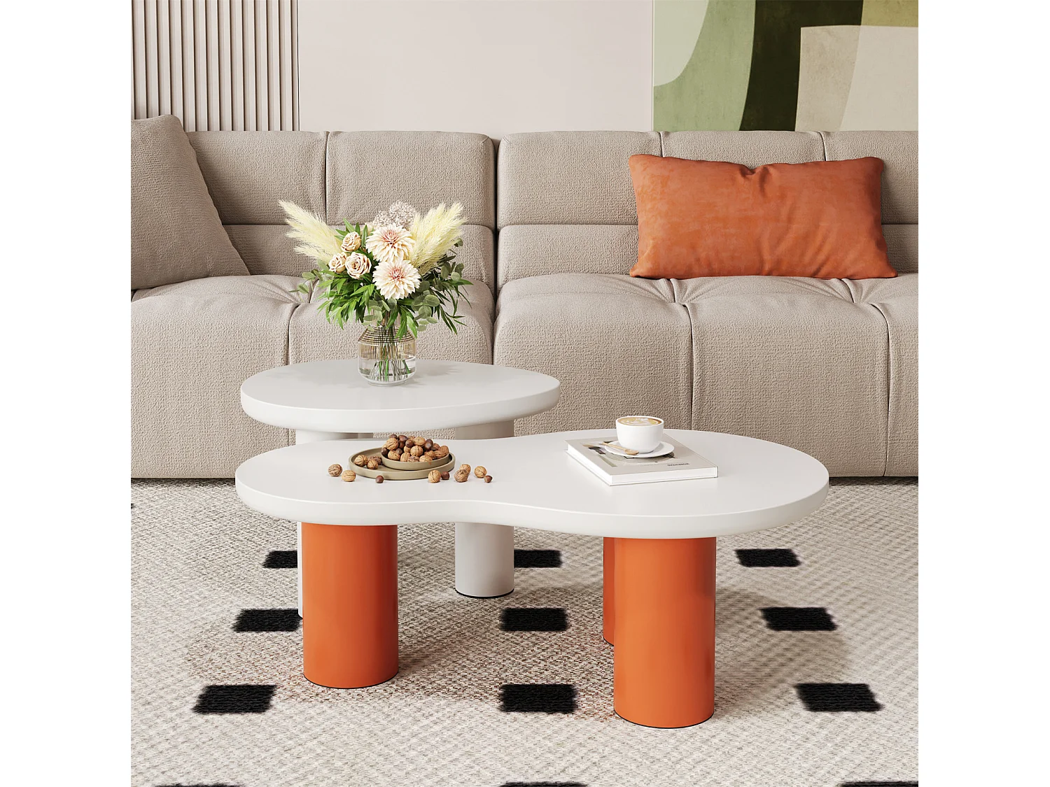 Mesa de centro en forma de nube, 99,5x4358x35,5 cm, panel de MDF pintado y patas de PVC, naranja y blanco