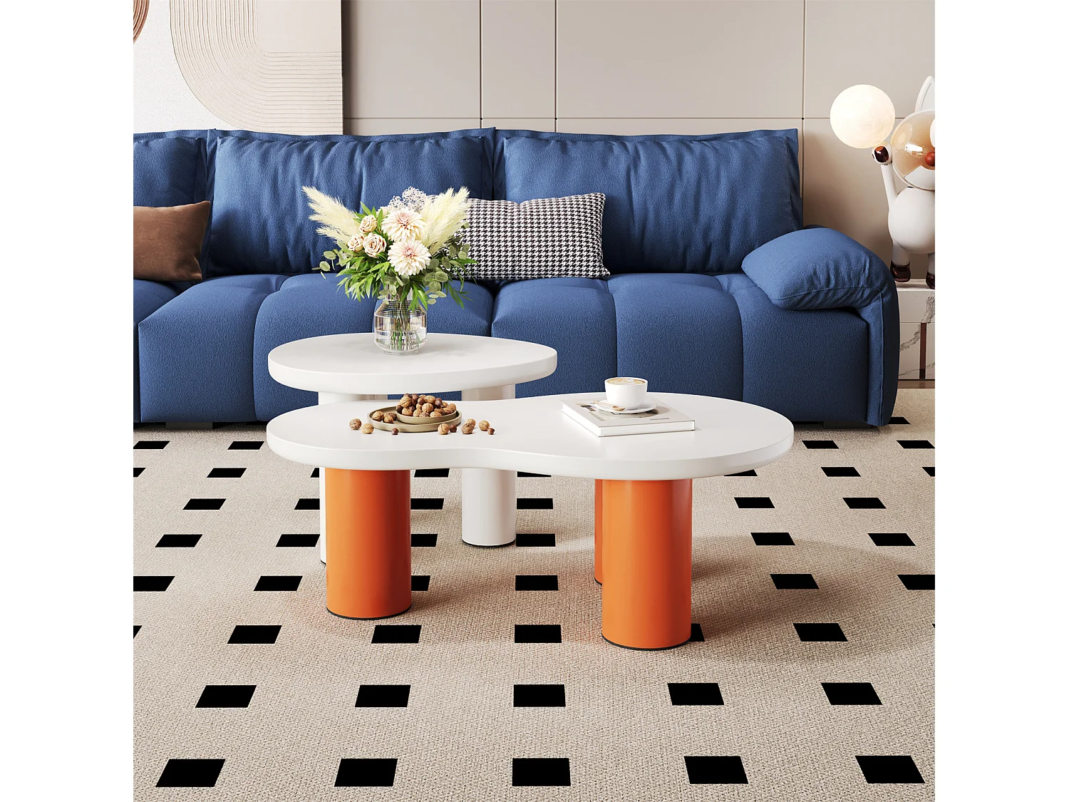 Mesa de centro en forma de nube, 99,5x4358x35,5 cm, panel de MDF pintado y patas de PVC, naranja y blanco