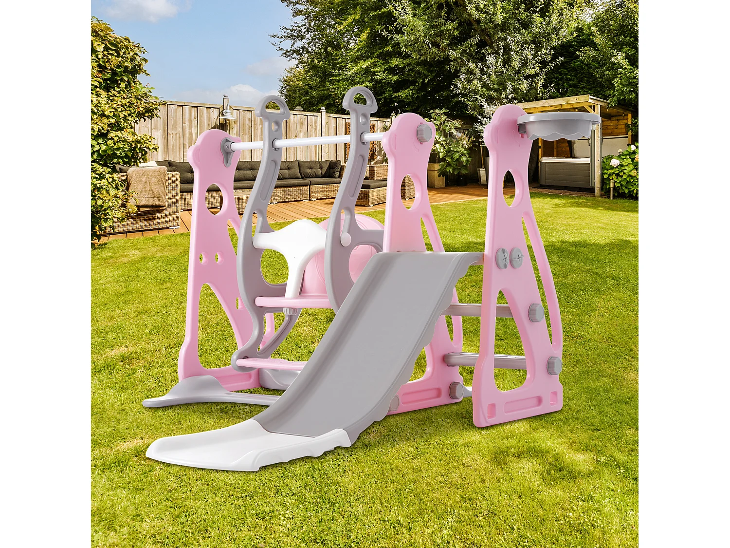 4 in 1 Kinderrutsche - Für Drinnen und Draußen geeignet - Mit Schaukel, Basketballgerüst, Rutsche, Leiter - Rosa
