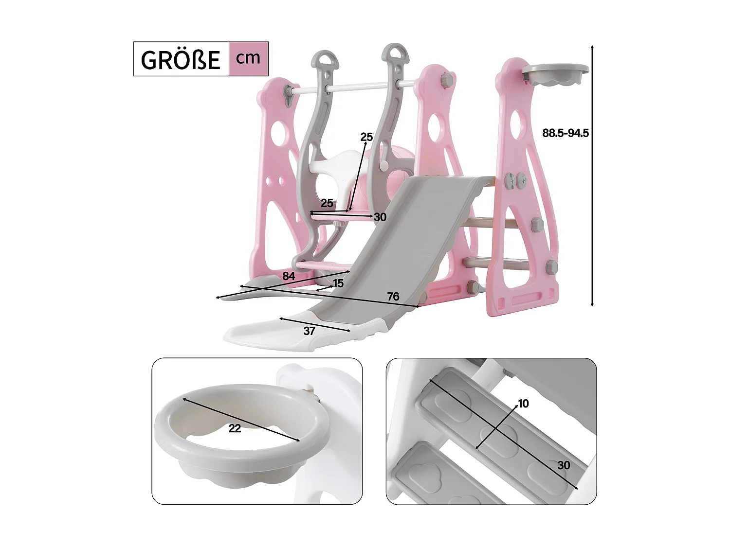 4 in 1 Kinderrutsche - Für Drinnen und Draußen geeignet - Mit Schaukel, Basketballgerüst, Rutsche, Leiter - Rosa