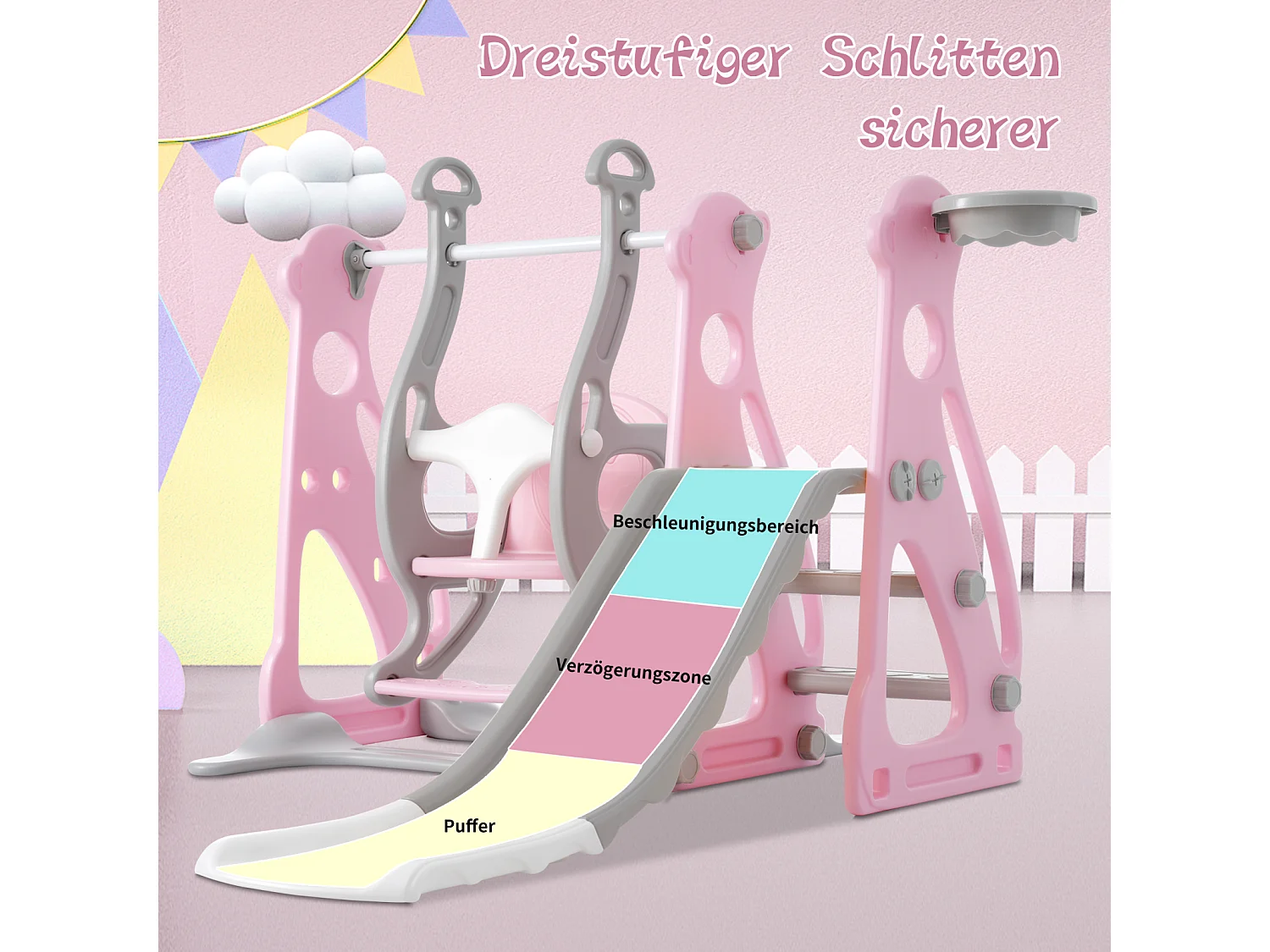 4 in 1 Kinderrutsche - Für Drinnen und Draußen geeignet - Mit Schaukel, Basketballgerüst, Rutsche, Leiter - Rosa