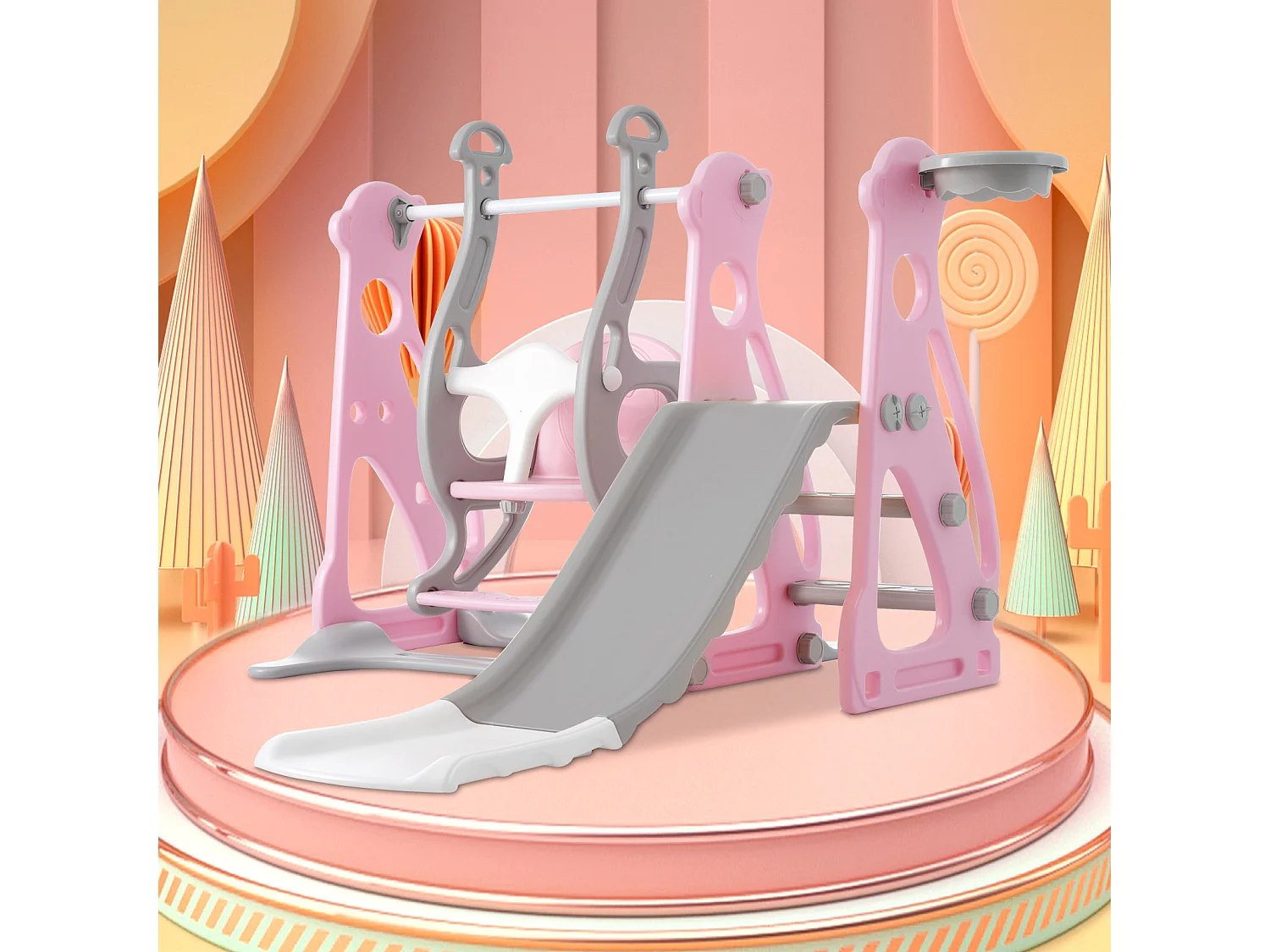 4 in 1 kinderglijbaan - geschikt voor binnen- en buitengebruik - met schommel, basketbalframe, glijbaan, ladder - roze
