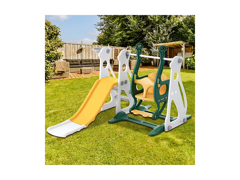 4 in 1 Kinderrutsche - Für Drinnen und Draußen geeignet - Mit Schaukel, Basketballgerüst, Rutsche, Leiter - Grün