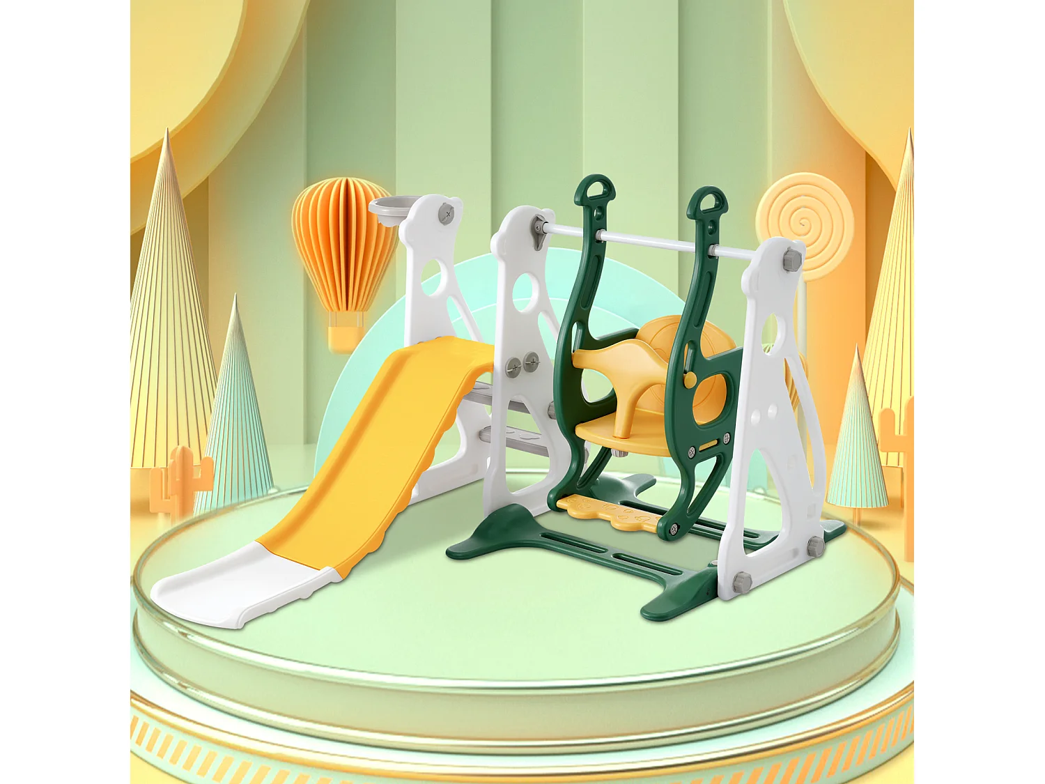 4 in 1 Kinderrutsche - Für Drinnen und Draußen geeignet - Mit Schaukel, Basketballgerüst, Rutsche, Leiter - Grün