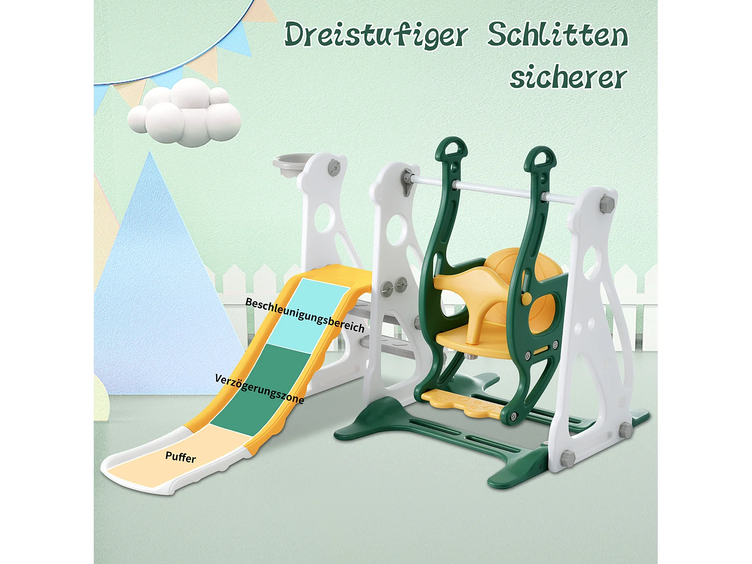 4 in 1 Kinderrutsche - Für Drinnen und Draußen geeignet - Mit Schaukel, Basketballgerüst, Rutsche, Leiter - Grün