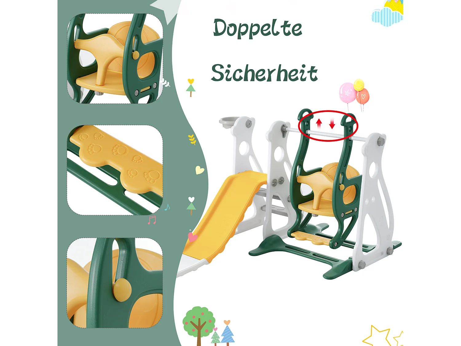 4 in 1 Kinderrutsche - Für Drinnen und Draußen geeignet - Mit Schaukel, Basketballgerüst, Rutsche, Leiter - Grün