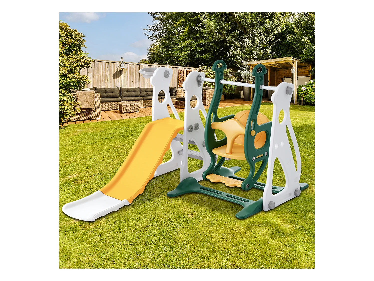 Toboggan pour enfants 4 en 1 - Convient pour l'intérieur et l'extérieur - avec balançoire, cadre de basket, toboggan, échelle - Vert