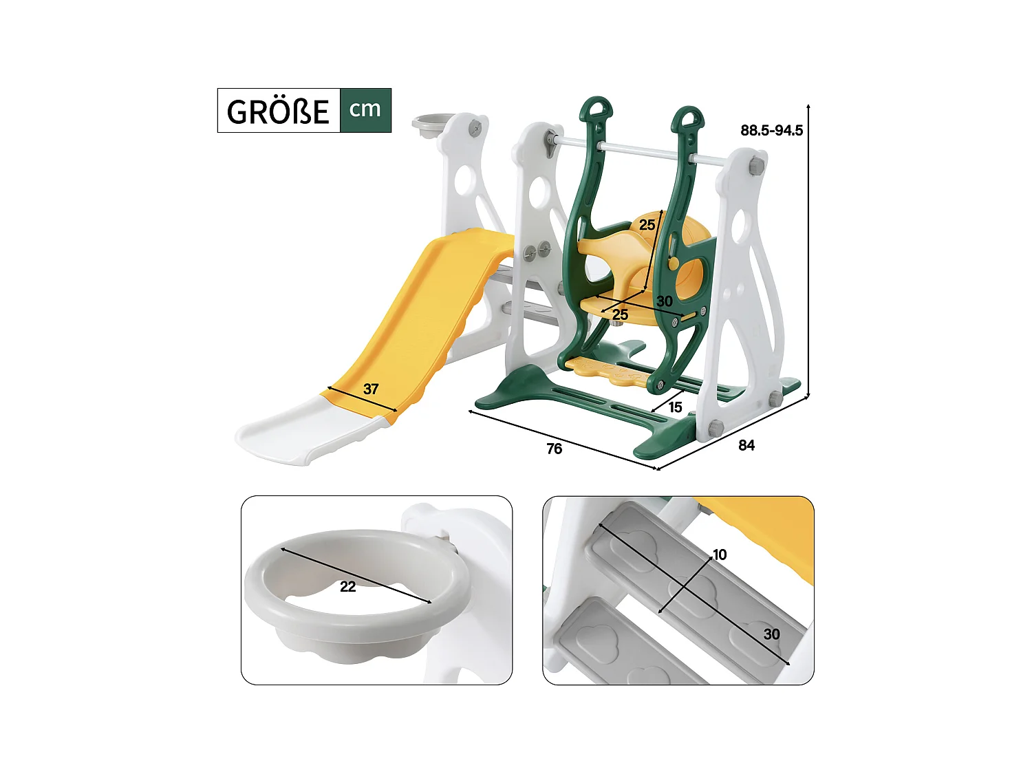 Toboggan pour enfants 4 en 1 - Convient pour l'intérieur et l'extérieur - avec balançoire, cadre de basket, toboggan, échelle - Vert