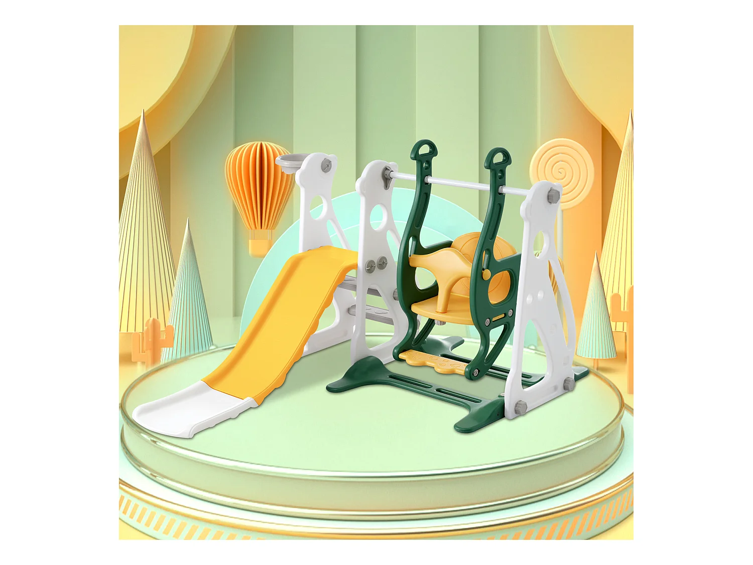 Toboggan pour enfants 4 en 1 - Convient pour l'intérieur et l'extérieur - avec balançoire, cadre de basket, toboggan, échelle - Vert