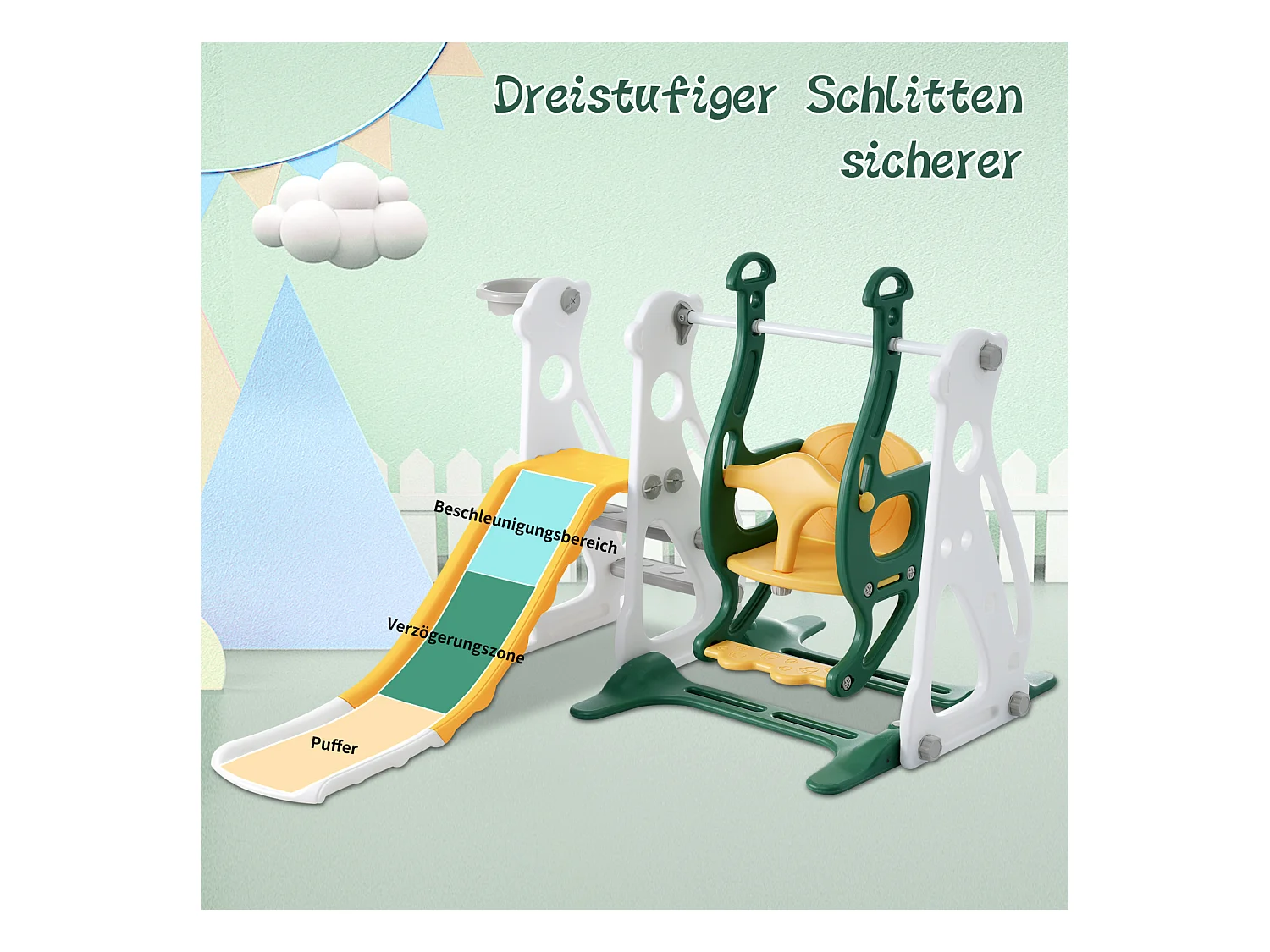 Toboggan pour enfants 4 en 1 - Convient pour l'intérieur et l'extérieur - avec balançoire, cadre de basket, toboggan, échelle - Vert