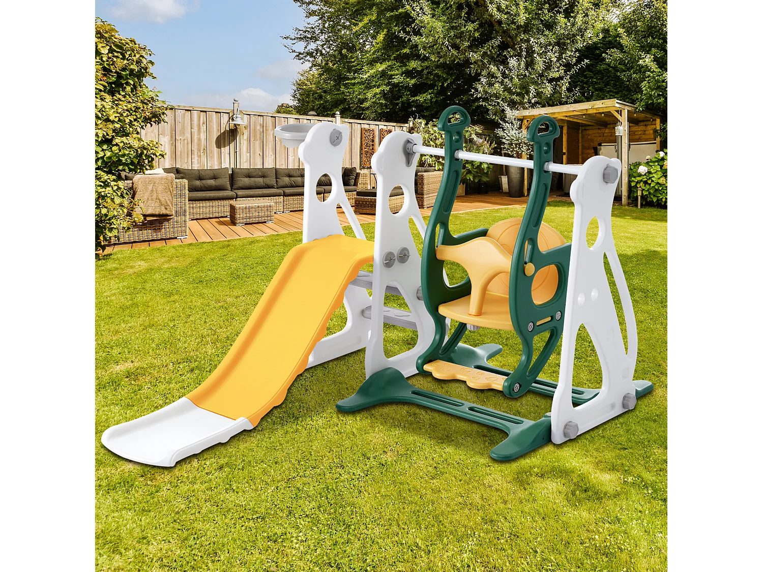 Toboggan pour enfants 4 en 1 - Convient pour l'intérieur et l'extérieur - avec balançoire, cadre de basket, toboggan, échelle - Vert