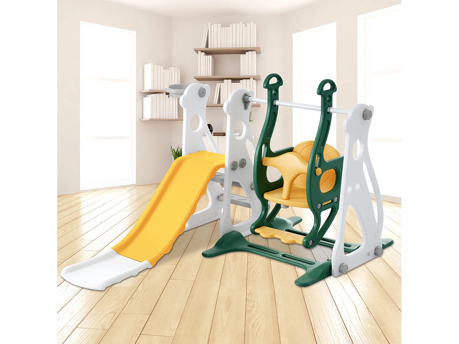 Toboggan pour enfants 4 en 1 - Convient pour l'intérieur et l'extérieur - avec balançoire, cadre de basket, toboggan, échelle - Vert