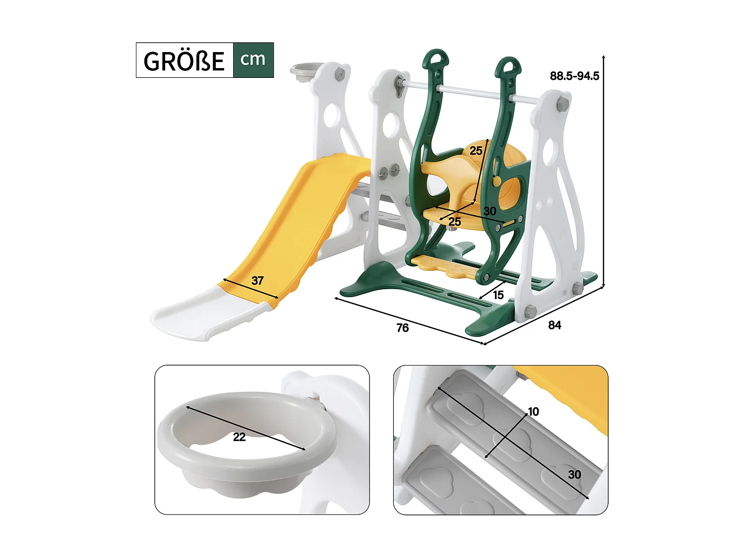 Toboggan pour enfants 4 en 1 - Convient pour l'intérieur et l'extérieur - avec balançoire, cadre de basket, toboggan, échelle - Vert