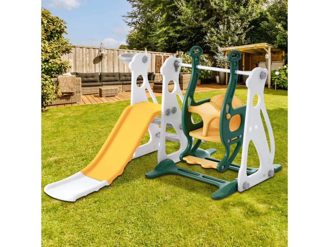 4 em 1 Kids Slide - Adequado para uso interior e exterior - com baloiço, estrutura de basquetebol, escorrega, escada - Verde