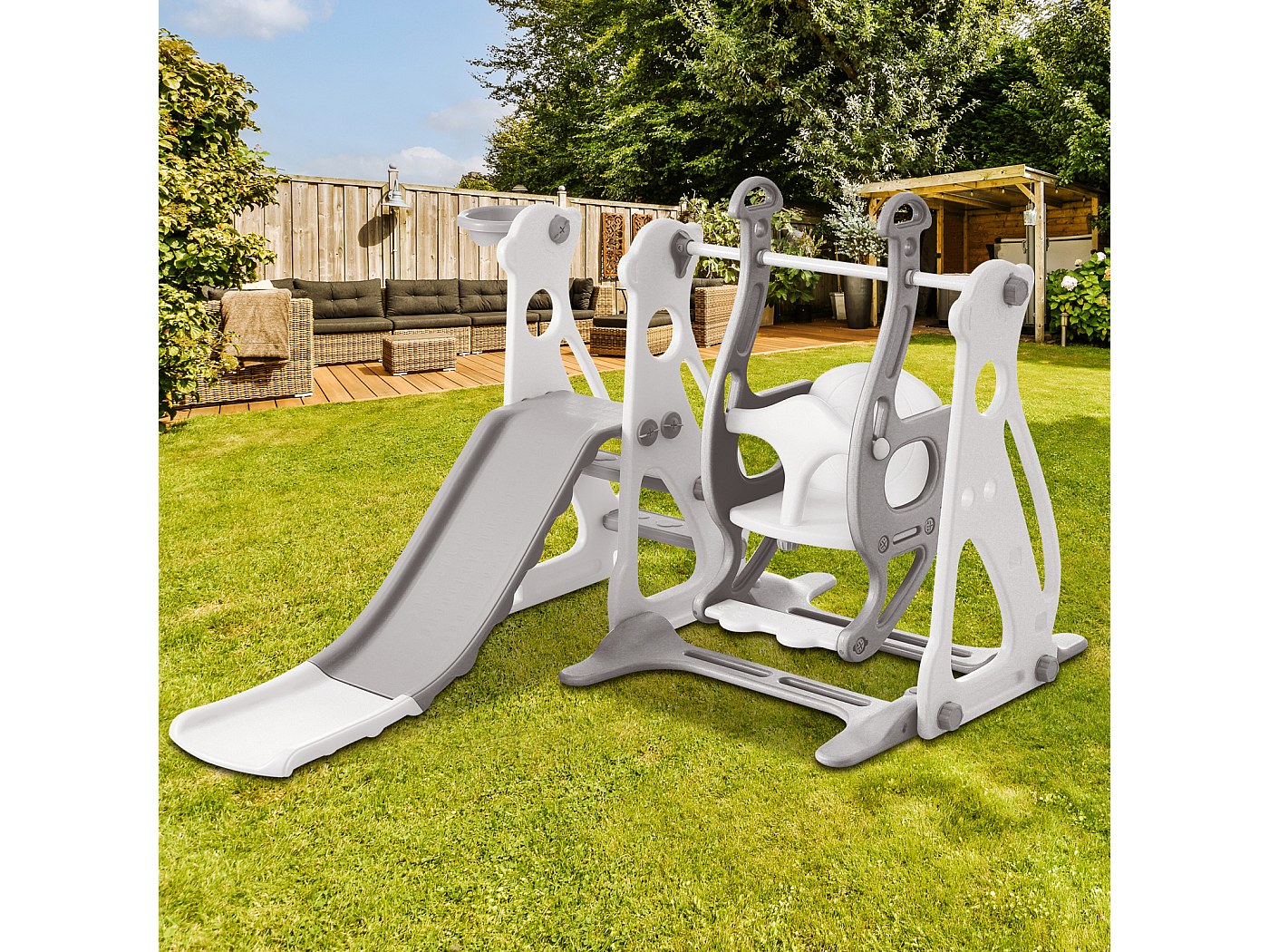 Scivolo 3 in 1 per Bambini con Altalena Regolabile, Canestro
