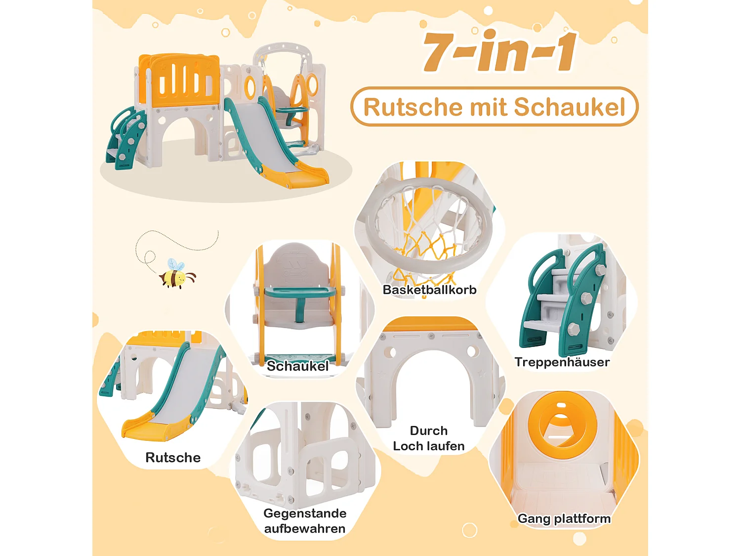 Scivolo per bambini 7 in 1 con altalena, piattaforma, area di stoccaggio, sala giochi, canestro da basket, scale, HDPE, verde + giallo