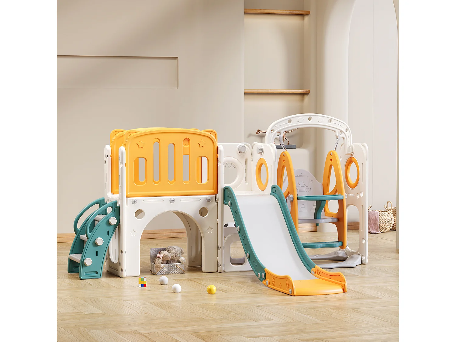 Scivolo per bambini 7 in 1 con altalena, piattaforma, area di stoccaggio, sala giochi, canestro da basket, scale, HDPE, verde + giallo