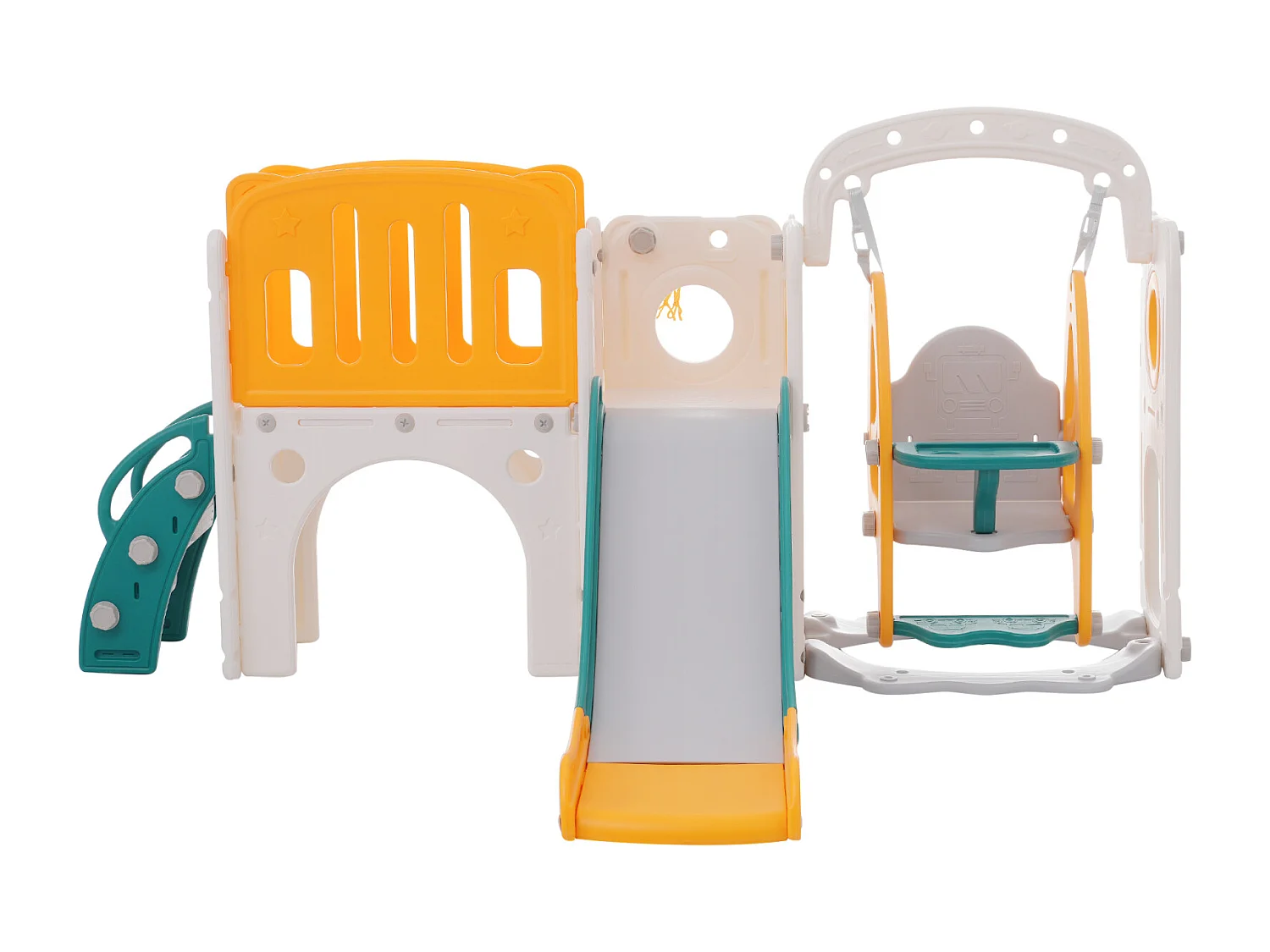 Scivolo per bambini 7 in 1 con altalena, piattaforma, area di stoccaggio, sala giochi, canestro da basket, scale, HDPE, verde + giallo