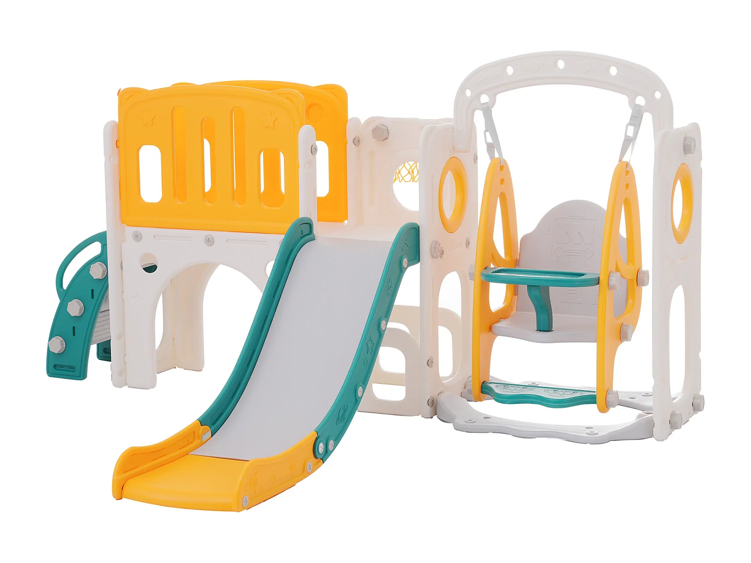 Scivolo per bambini 7 in 1 con altalena, piattaforma, area di stoccaggio, sala giochi, canestro da basket, scale, HDPE, verde + giallo